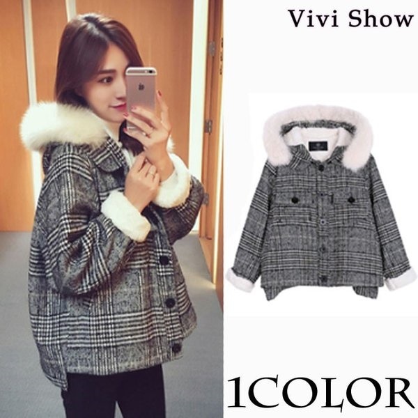 アウター ブルゾン ジャケット レディース ストリート 原宿系 ジャンパー ファー チェック柄 4,650円