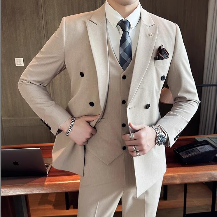 新しい ダブルスーツ 韓国風 結婚式スーツ メンズ 紳士服 忘年会 披露宴 3ピーススーツ スーツセット カジュアルスーツ ビジネススーツ スリムスーツ セットアップ フォーマルスーツ 気質優雅 上下