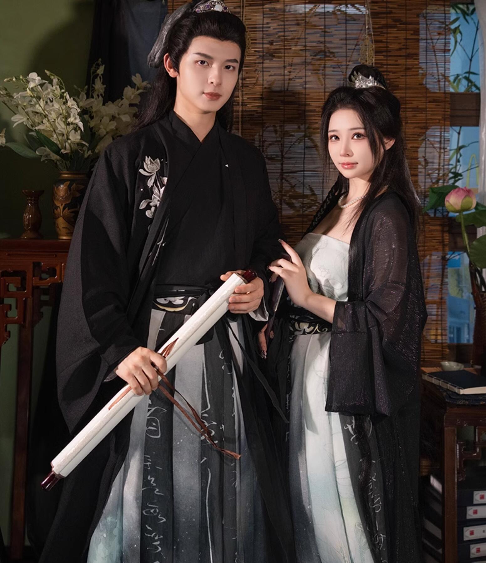 品質良い!店舗お勧め!中華コスプレ衣装 黒系 暗黒 メンズ レディース ペアルック 漢服 チャイナ服 宋朝 中国古代 服装 羽織付き3点セット 蓮 ハス 刺しゅう 水墨プリント おしゃれ 男女お揃い