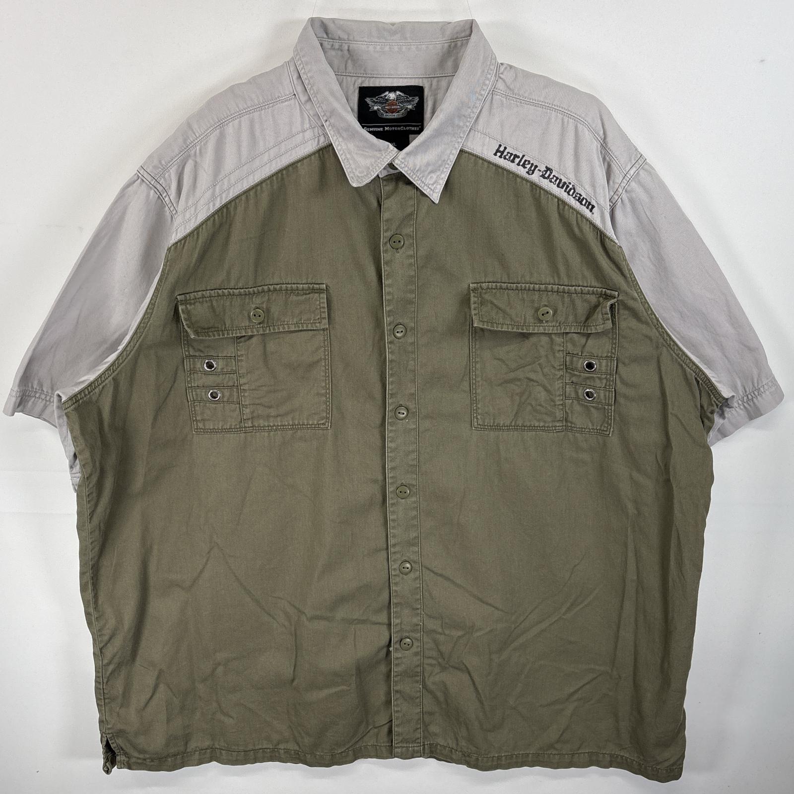 古着 半袖シャツ フラップポケ 両面 ロゴ プリント 厚手 3XL カーキ系 ツートン メンズ