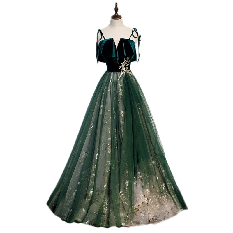 イブニングドレス ロングドレス 緑 ベロア ベルベット 発表会ドレス グリーン オフショルダー スパンコール ウエスト花柄 オシャレ キレイめ キャミドレス 演奏会ドレス パーティードレス Aライン