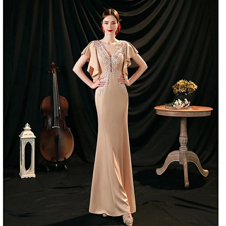 マーメイドドレス イブニングドレス ピンク サテン ドレス レース オシャレ ロングドレス 発表会ドレス マーメイドライン Vネック セクシー タイトドレス パーティードレス 結婚式ドレス 二次会ドレ