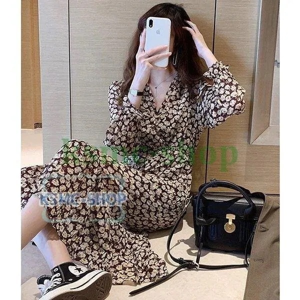 ワンピースレディース4020きれいめ春長袖花柄ワンピースシフォンワンピースVネックAラインドレス大きいサイズおしゃれ着痩せ上品通勤品30%までに制限
