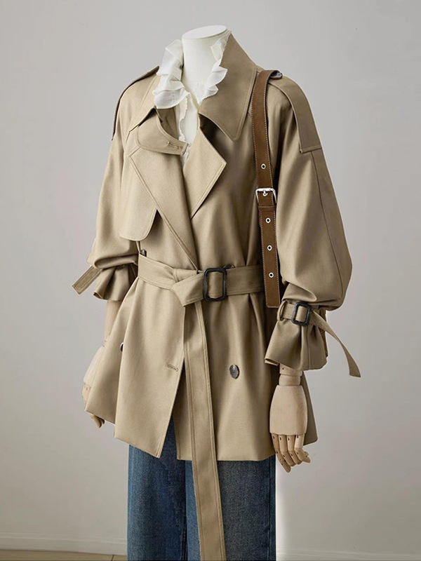 女性用ショートトレンチコート春と秋の新スタイルダブルブレスト小柄で洗練されたカーキ色の英国風コート