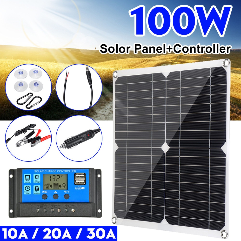 コントローラー付き100WソーラーパネルデュアルUSB18V / 5V太陽光発電バッテリーシステムS
