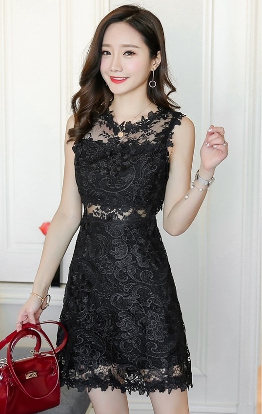1753.総レースシースルーミニドレス（ブラック）2019 春夏 sale パーティー 結婚式 二次会 デート レストラン 女子会 謝恩会 演奏会 ウエディング 100,000円