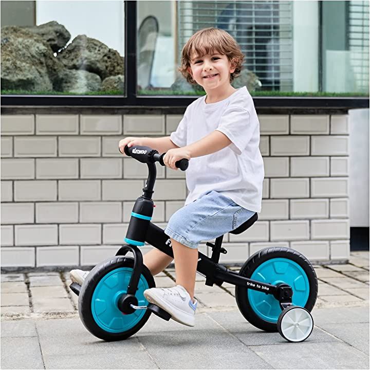 キッズバイク ペダルなし自転車 子ども用自転車 ランニングバイク 4in1 補助輪 ペダル後付け ワンタッチ組立 サドル調整可( ブルー)