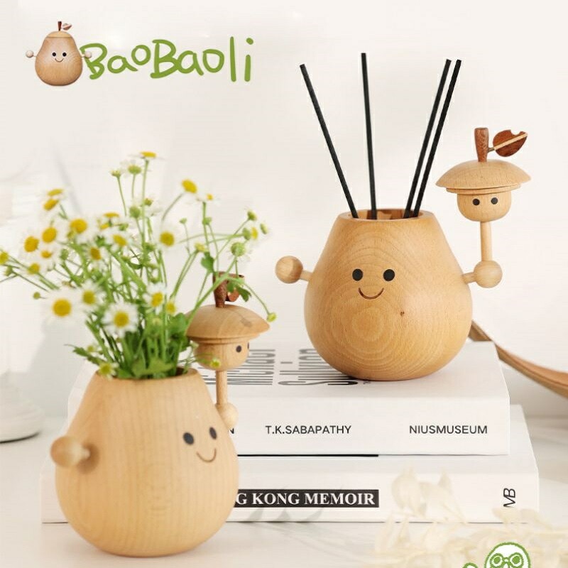 花瓶 おしゃれ フローラ フラワーベース Flora Vase 梨型 置物 デスク オフィス お店 ディフューザー ガラスボトル付き 木製 おもしろ