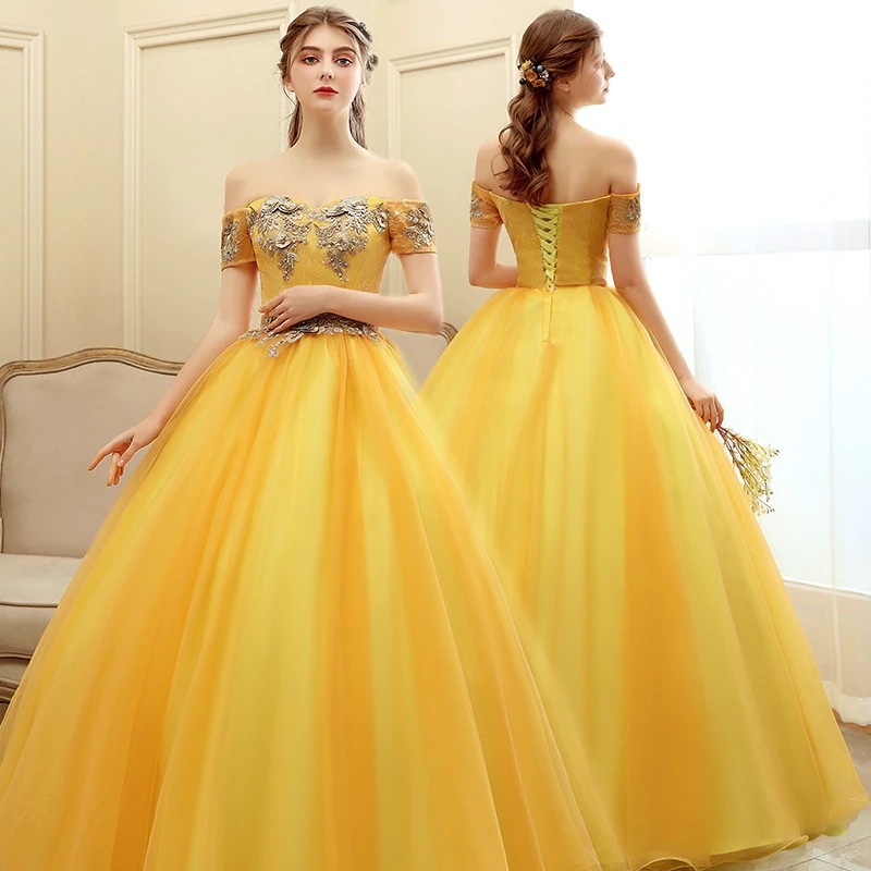 ソロパフォーマンス司会ショーに最適なゴールドのオフショルダーのイブニングドレス女性用のロングボールガウン写真スタジオにも最適です