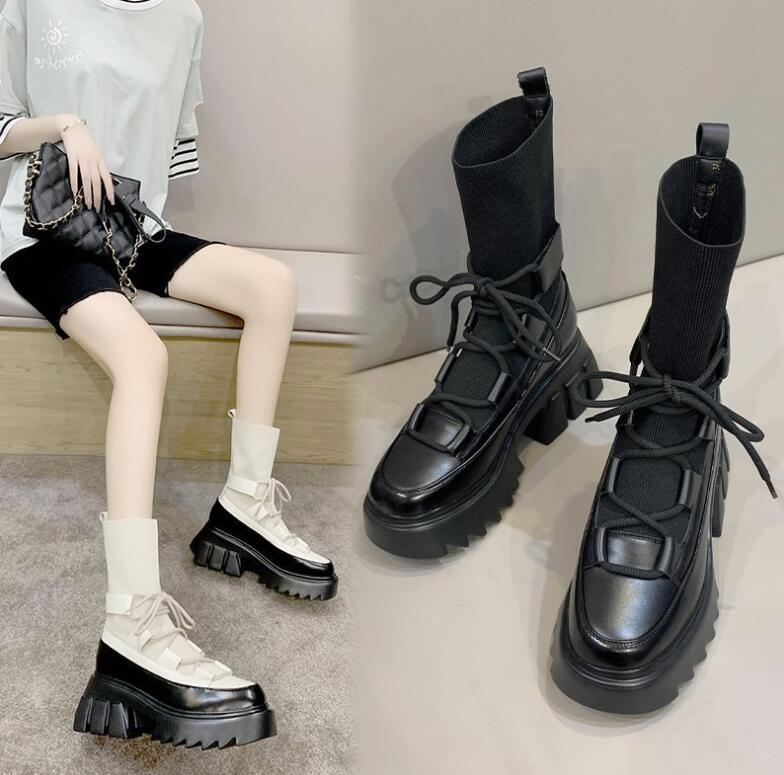 編み上げブーツ　レディースブーツ　ソックスブーツ　ストレッチ素材　伸縮織物　厚底靴　レースアップブーツ　ショートブーツ エンジニア　冬靴　春秋　美脚効果 ストーム　ブラック　6センチヒール