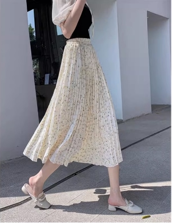 スカート ロングスカート ミモレ ミモレ丈 Aライン プリーツ シフォン ハイウエスト ウエストゴム 快適 着心地 かわいい 大人可愛い シンプル 大人 上品 おしゃれ お洒落 レトロ 大人女子