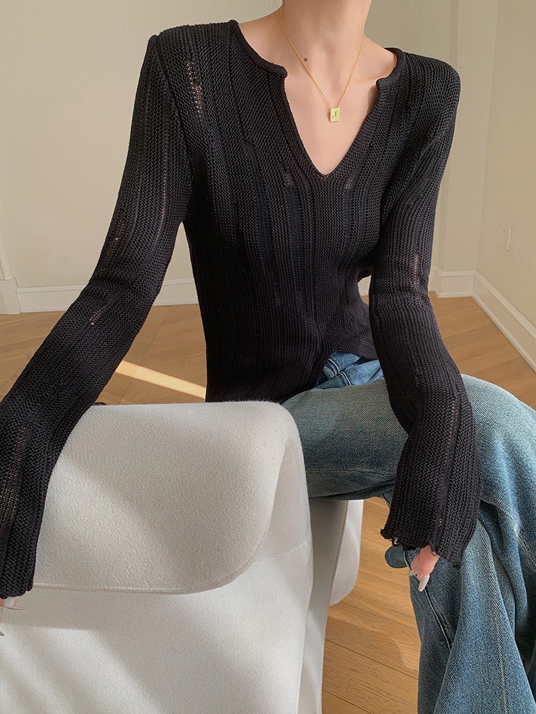 V ネック スリット ニット セーター 女性 秋 冬 スタイル ホール シャツ シック トップ トレンド ブラック アプリコット ＳＭＬXL トップス かわいい 大人可愛い きれいめ シンプル 8,393円