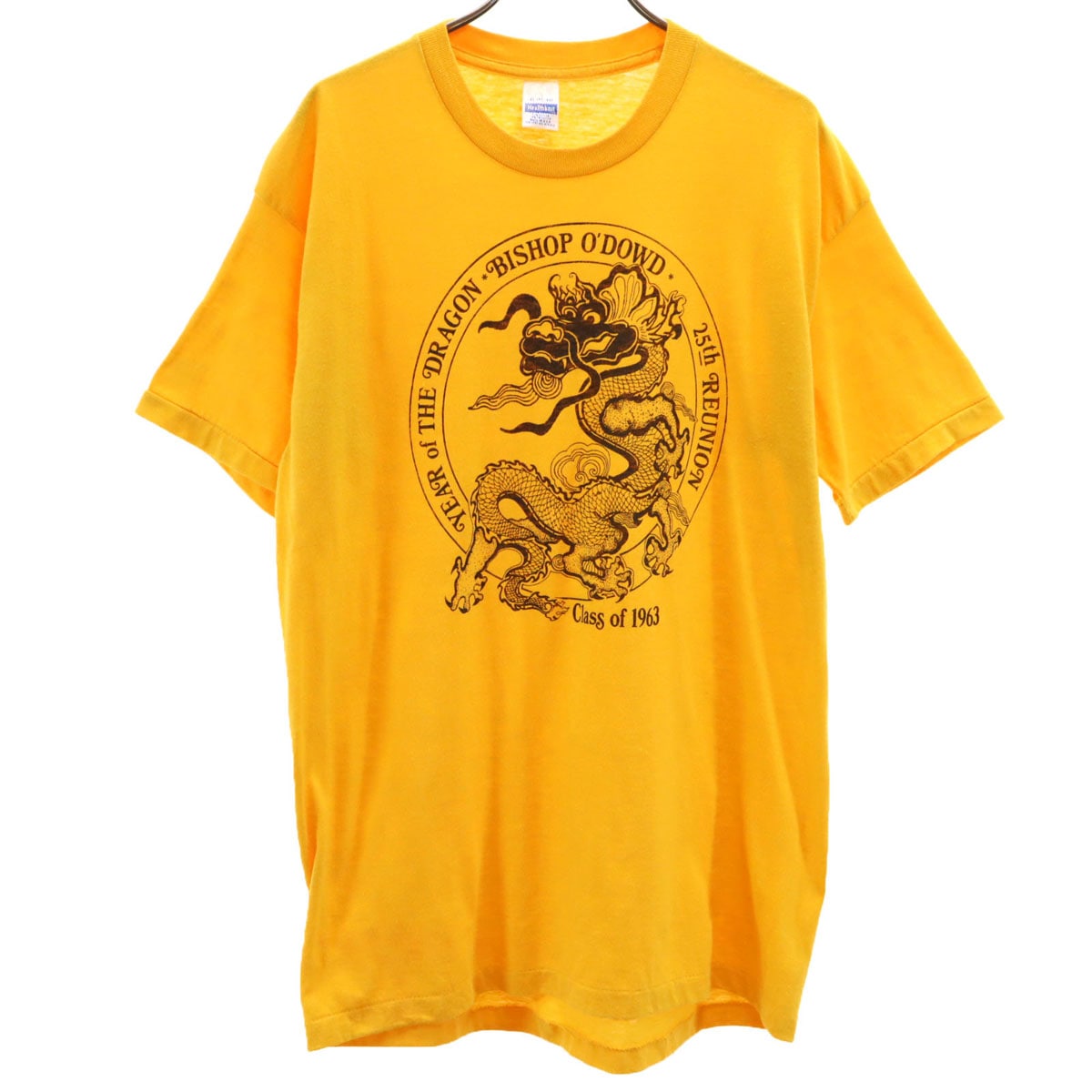 Healthknit ヘルスニット 80s USA製 ヴィンテージ ドラゴン プリント 半袖 Tシャツ XL イエロー シングルステッチ 龍 メンズ 古着
