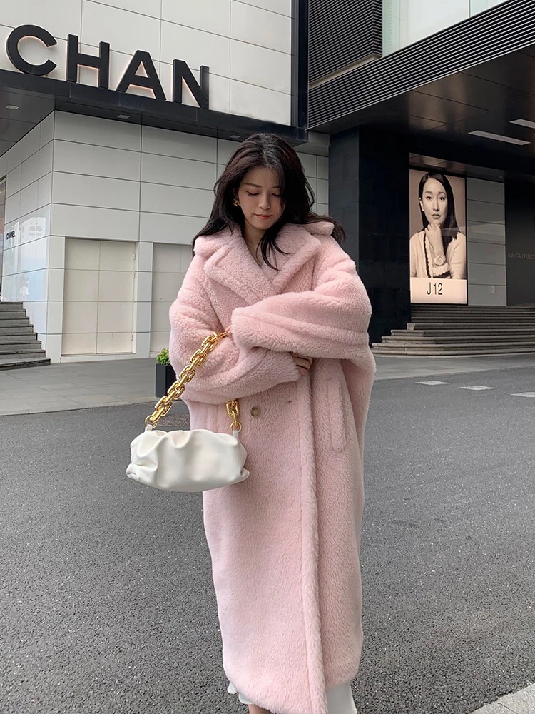 2024秋冬新作ミドル丈ファージャケット桜ピンクテディベアコートシープシアクラシック