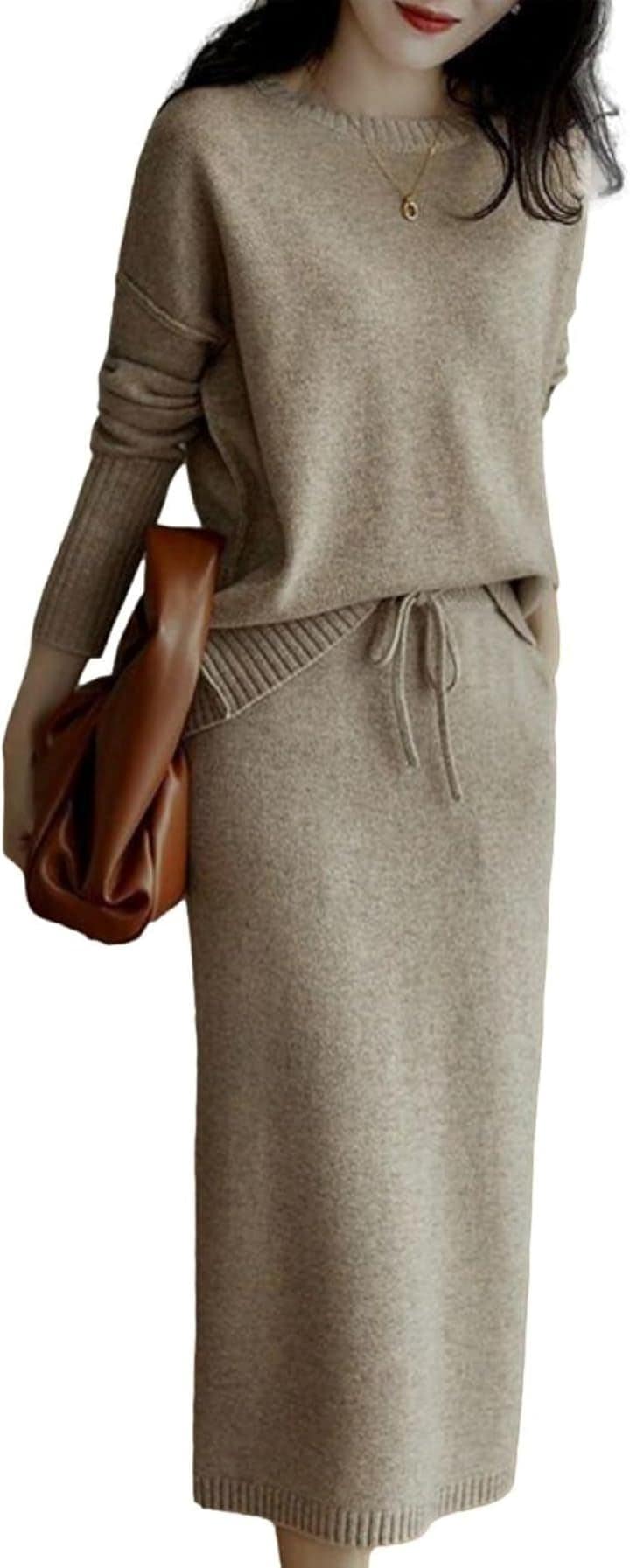 ブルーベリル セットアップ レディース ニット プルオーバー スカート ミモレ丈 Iライン 長袖 ラウンドネック (ベージュ, L)