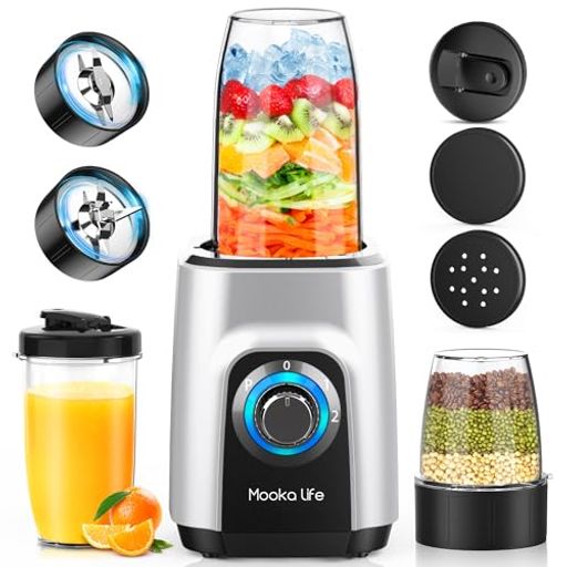 MOOKA LIFE ジューサー ミキサー スムージー 一台多役 三つボトル 500ML*2+300ML コーヒーミル 6枚刃 450Wハイパワー 高速回転 氷も簡単に砕ける 果物/野菜/離乳食/ミル