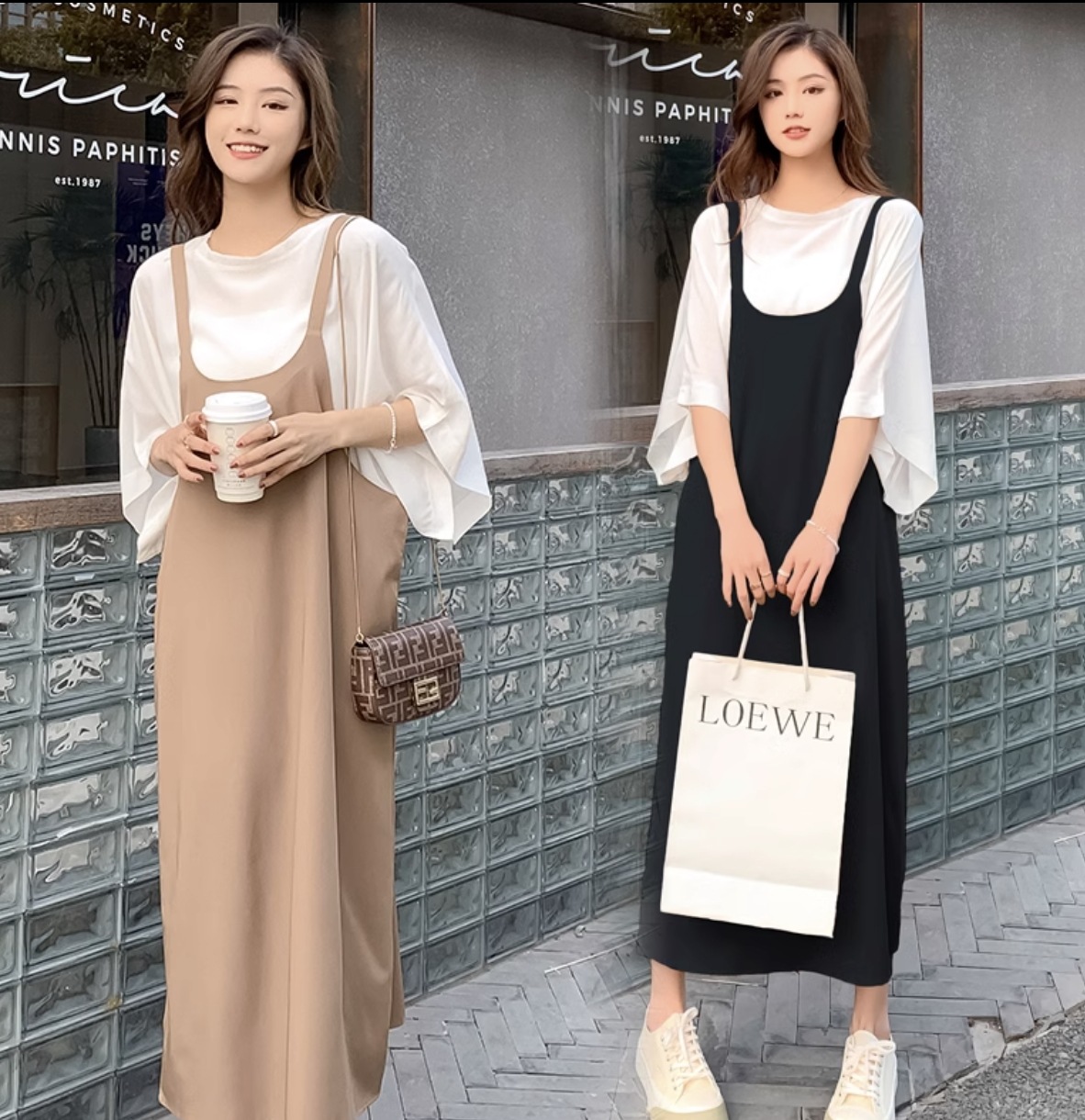 トップス ワンピース フレアワンピース ロング ロング丈 袖あり 5分袖 五分袖 ラウンドネック フレア Aライン シフォン プルオーバー 2点セット かわいい きれいめ シンプル カジュアル 大人