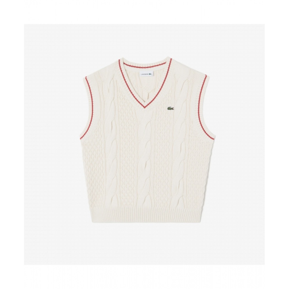 LACOSTE レディースティッピングポイントケーブルベスト [オフホワイト] 16,329円