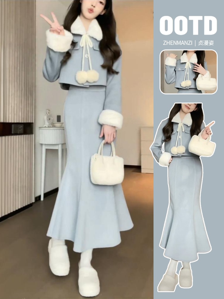 女性用秋冬小物ワンピース2点セット2024年秋冬フィッシュテールスカートティースタイル一式セット 7,400円