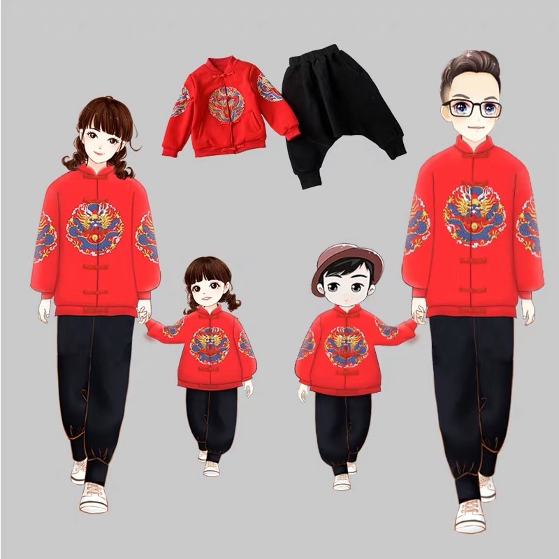 2019春新作 中国風唐スーツ 2点セット レッド 龍柄刺繍 親子ペア