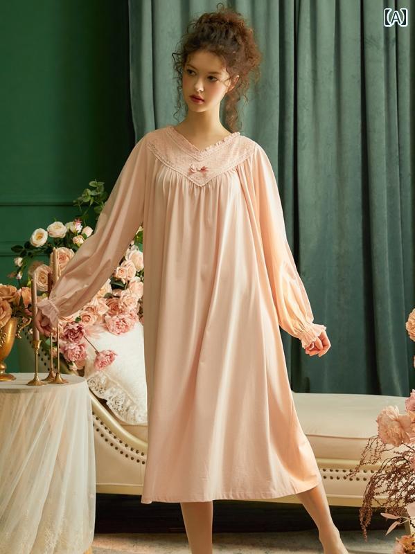 ネグリジェ パジャマ レディース 宮廷風 長袖 レース ワンピース ドレス シンプルフレンチ 上品 ルーム ナイト ホームウェア