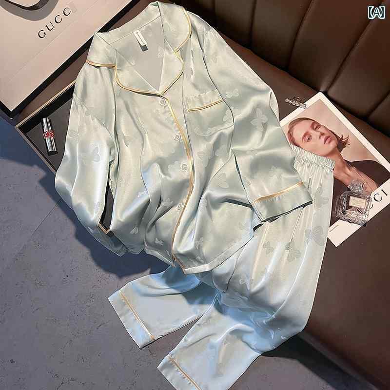 パジャマ　レディース　上下 蝶の ジャカードシルク パジャマ 女性 春夏 秋 無地 高級 ホームウェア 桑 シルク 長袖 スーツ