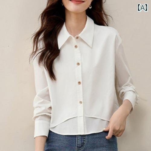 レディース トップス シャツ ブラウス シンプル 韓国ファッション ガーリー 大人かわいい カジュアル 袖 秋 長袖 ポロ襟 シングルブレスト ブルー ホワイト 4,965円