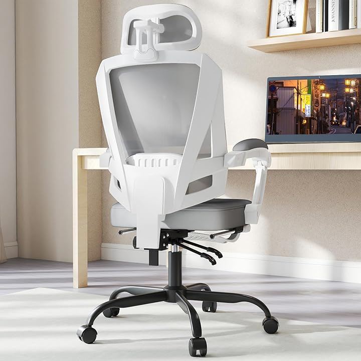 オフィスチェア デスクチェア メッシュ 動的腰背部サポート 3Dヘッドレスト ゲーミングチェア pcチェア 椅子 おしゃれ テレワーク 人間工学 フットレスト付き (ホワイト, 大型)
