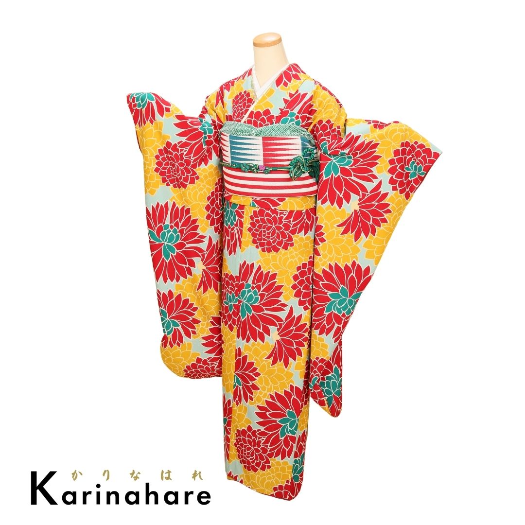 結婚式結納振袖レンタル黄色と赤のダリアが大胆に描かれた振袖セットF397-105