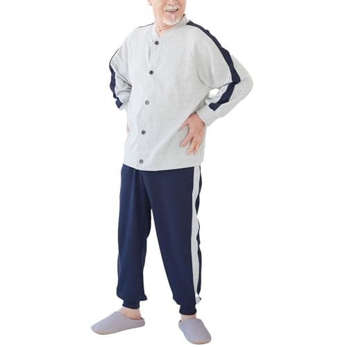 ココロcolor 介護 パジャマ メンズ 上下セット 面ファスナー 綿混 ワッフル スポーティ グレー Ｍ