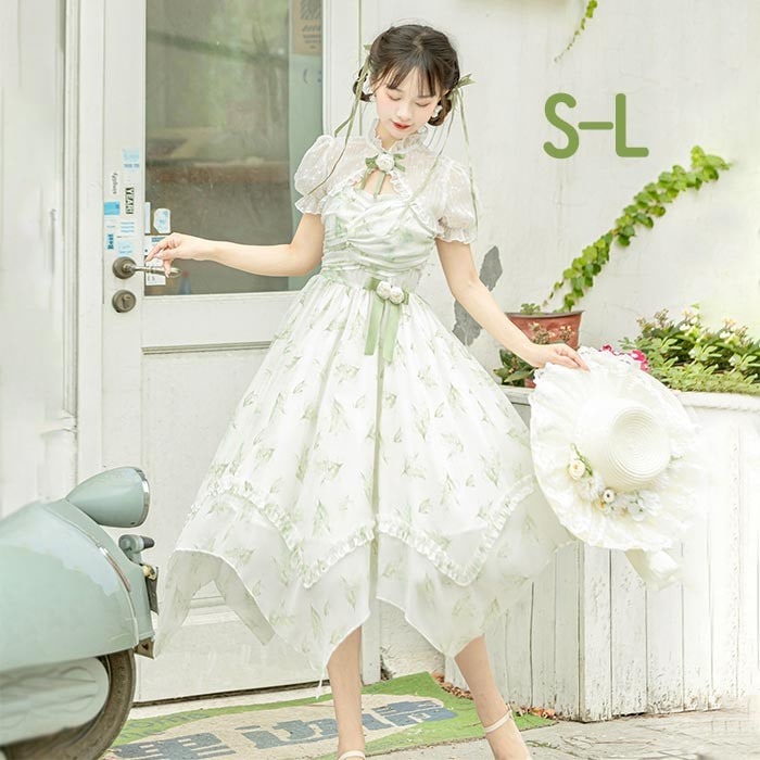 ロリータファション ロリータ ワンピース リボン Aライン ショット丈 Lolita ゆめかわ フリル 可愛い 萌え萌え 友達 姉妹 プレゼント レディース コスチューム 仮装 ハロウィン 学園祭 文