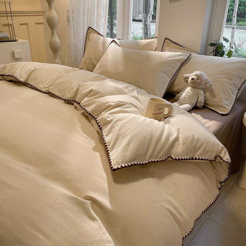 ベッドカバー 四件セット ふんわり 厚手 綿100% 秋冬用 奮発 おしゃれ ストライプ ベッド用品