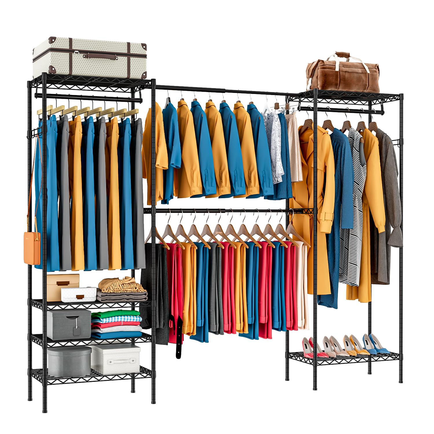 PASRLD ハンガーラック 幅調整可 伸縮式ワードローブ メタルラック 棚板高さ調節 コート掛け ラック本体 大容量 防サビ 頑丈 幅178.5~228*奥行35.5*高さ181cm (ブラック)