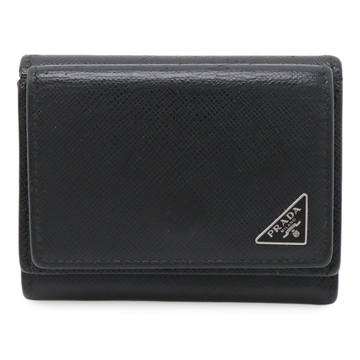 トライアングルロゴ コンパクトウォレット 3つ折財布 三つ折り財布 サフィアーノレザー NERO 黒 ブラック シルバー金具 2MH02