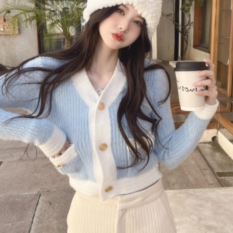 バイカラーカーディガン トップス ニット スイート ガーリー ブルー 青 ピンク ショート丈