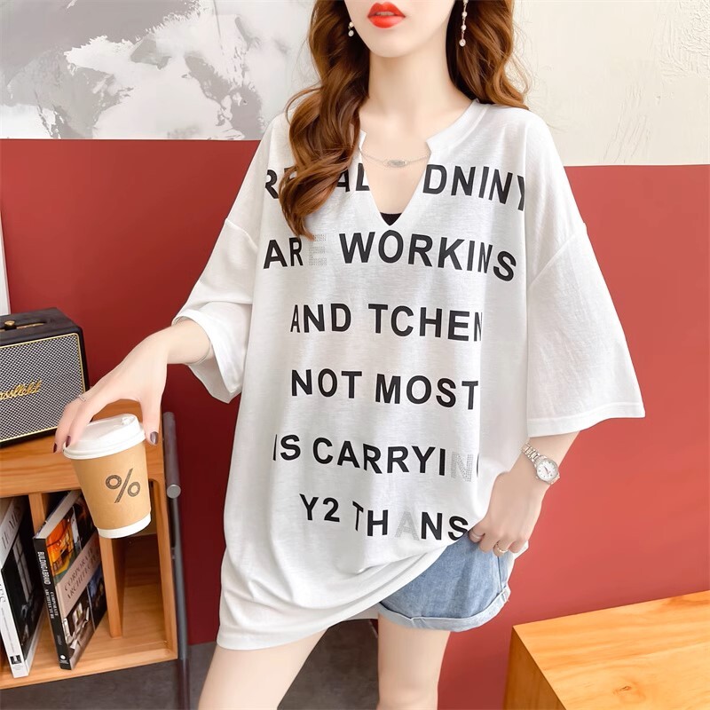 レディース トップス ロンT プルオーバー Tシャツ 丈長 半袖 5分袖 Vネック 襟なし ワイド ストリート シンプル カジュアル おしゃれ かっこいい ラフ スポーティー ルーズ プリント 文字 4,932円