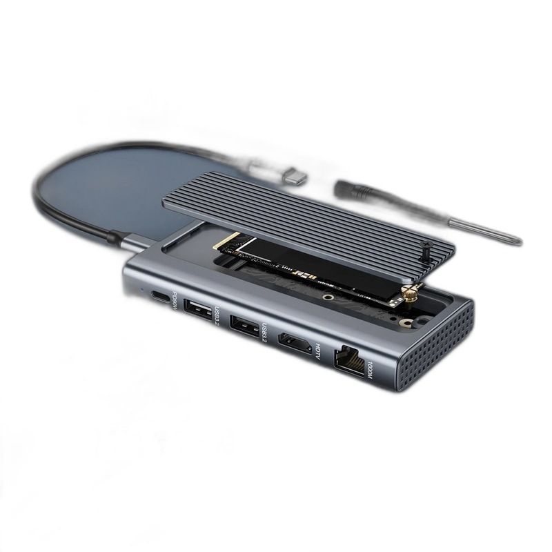 M.2 SSDケース一体型 6-in-1 USB-Cハブ HDMI・LANポート搭載 高速データ転送アダプター