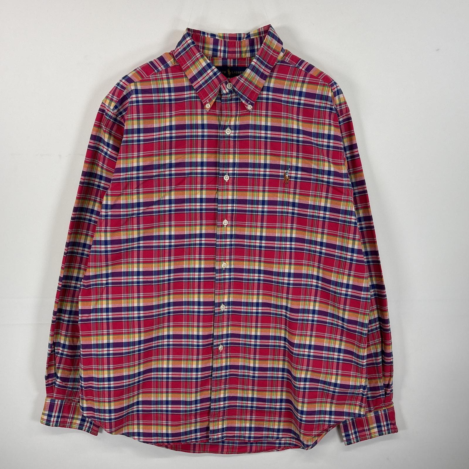 古着 長袖シャツ ボタンダウンシャツ ワンポイント ロゴ 刺繍 肉厚 XL レッド系 マルチカラー メンズ