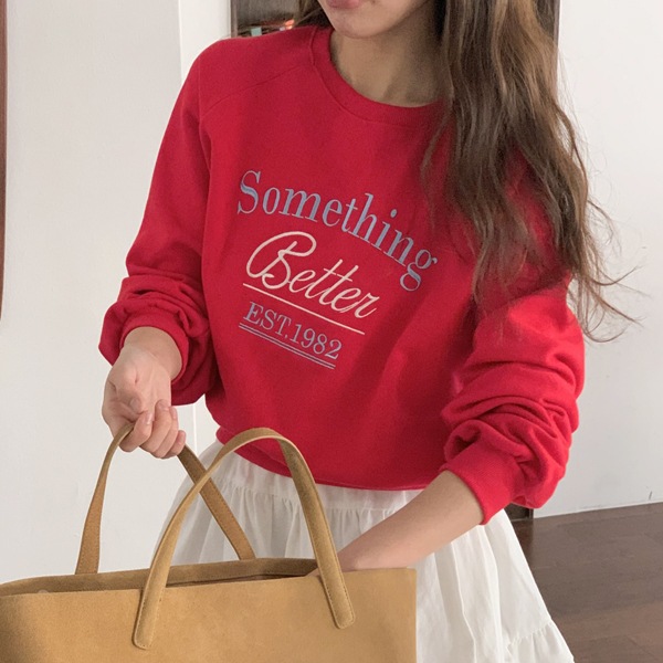 韓国ファッション ルーズフィット ベラ 刺繍 レタリング ラグラン マンツーマンTシャツ