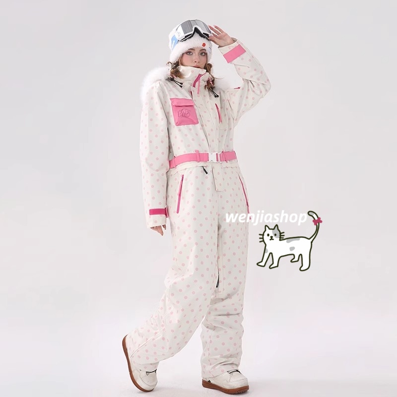 スノーボードウェア 2024 2025 上下セット つなぎ メンズ レディース オールインワン デニムパンツ ドット柄 ウィンタースポーツ 韓国風 防水 スノーウェア スキーウェア スノボウェア