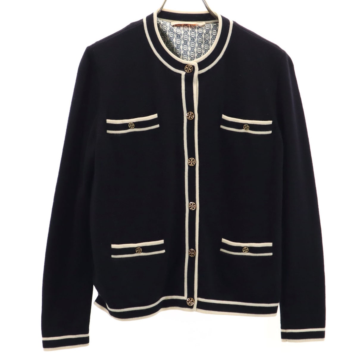 ウール ノーカラー ニットジャケット XS ネイビー レディース 古着