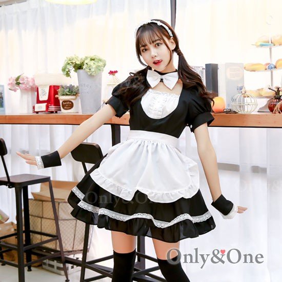 メイド コスプレ メイド服 衣装 コスチューム ブラック フリルエプロン リボン付き 6,175円