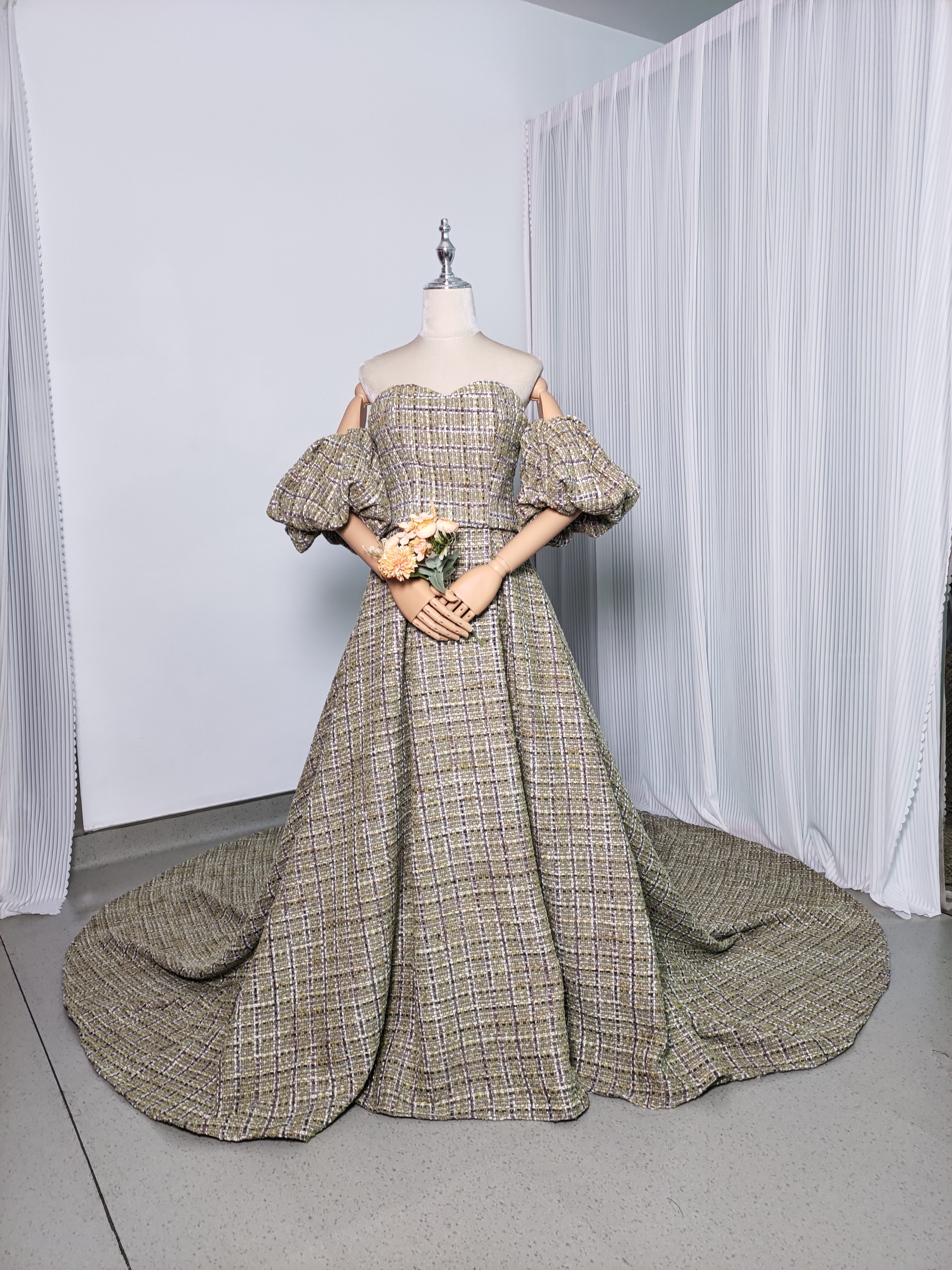 パーティードレス ベアトップ ツイードドレス イエロー パフスリーブ ビスチェドレス 前撮り 二次会