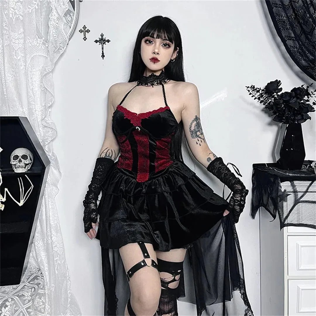 ハロウィン 今年 短纳期 不規則 配色 トップス+スカート レッド+ブラック S M L セットアップ