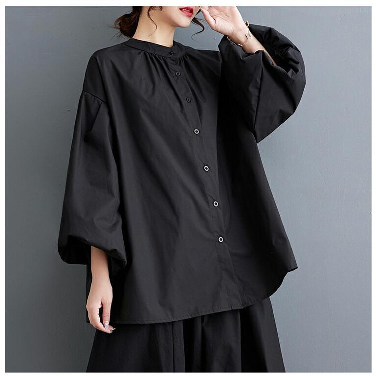 夏新作長袖シャツ レディース 秋 シャツブラウス 長袖 シャツ ブラウス バルーン袖 ボリュームスリーブ 長そで トップス バンドカラー ボタン チュニックシャツ 5,536円