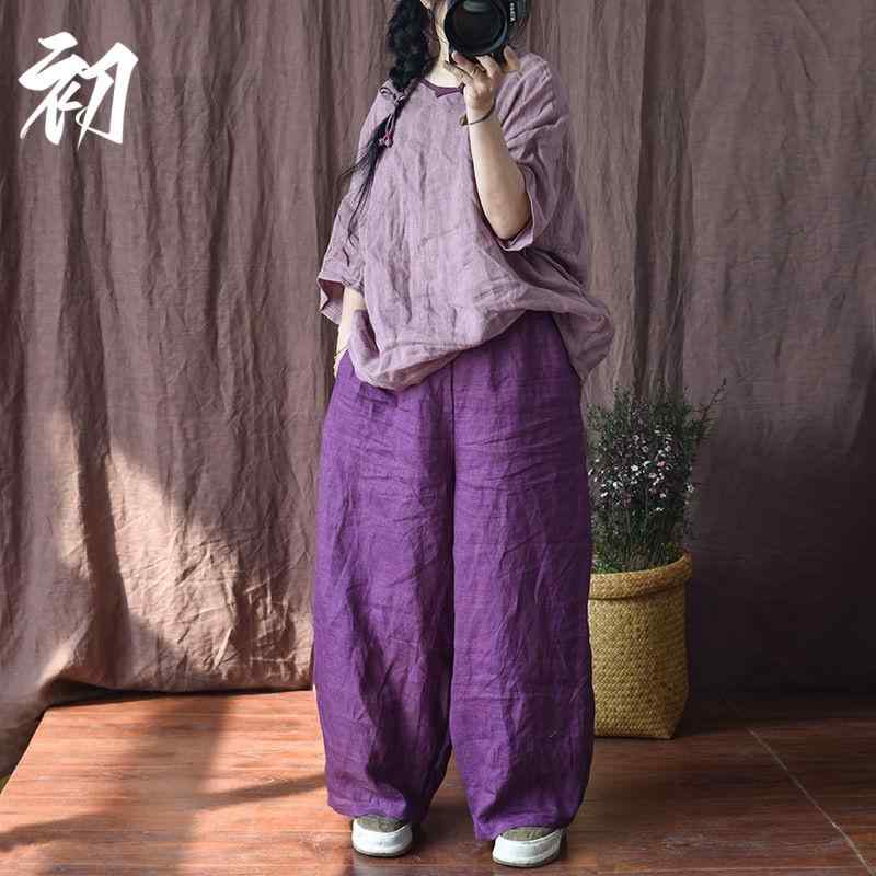 レディース ファッション おしゃれ 夏 紫 綿 リネン ワイドレッグ パンツ 芸術 ストレート パンツ ドレープ
