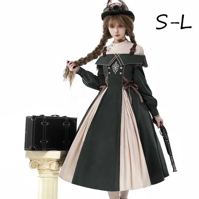 ロリータ コスム トップス ワンピース レトロ風 リボン レディース ゴスロリ 洋服 長袖 フリル コスプレ 衣装 洋服 イベント 春夏秋用 グリーン S M L