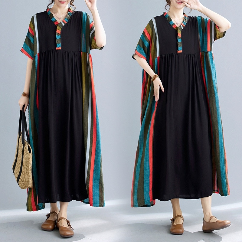 2024夏の新型文芸大きいサイズ プリントは木耳レースのカジュアルな半袖ロングワンピース