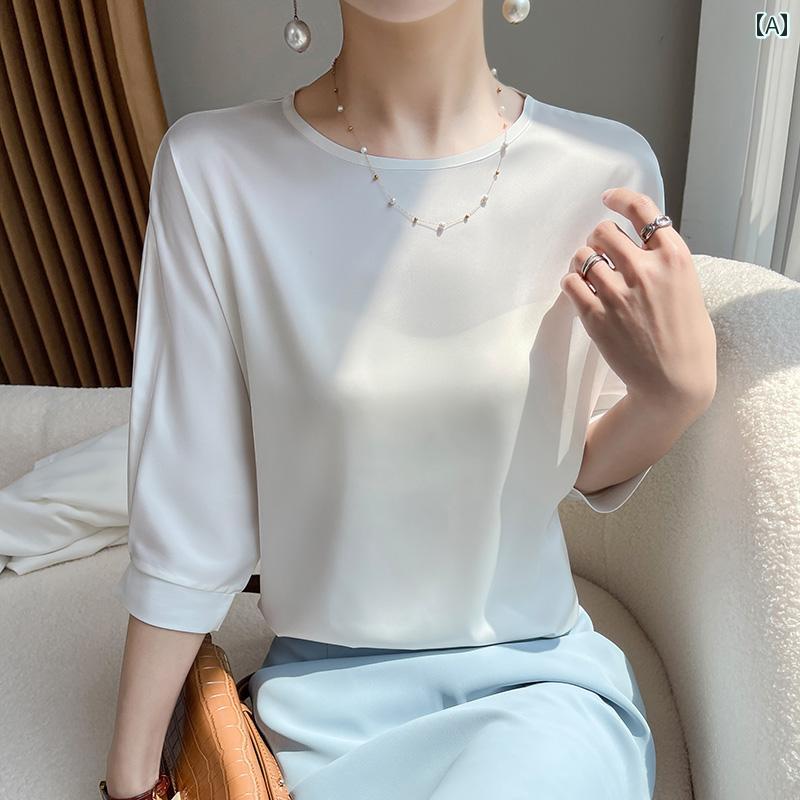 レディース トップス シンプル おしゃれ サテン ラウンドネック Tシャツ 夏 薄手 涼しい 涼しい 五分袖