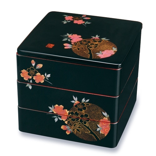 紀州塗り　7寸　三段　重箱　黒内朱　おぼろ月